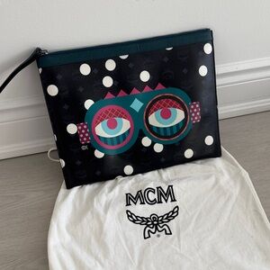 MCM Black Polka Dot Wristlet with Teal and Pink Eye Graphic